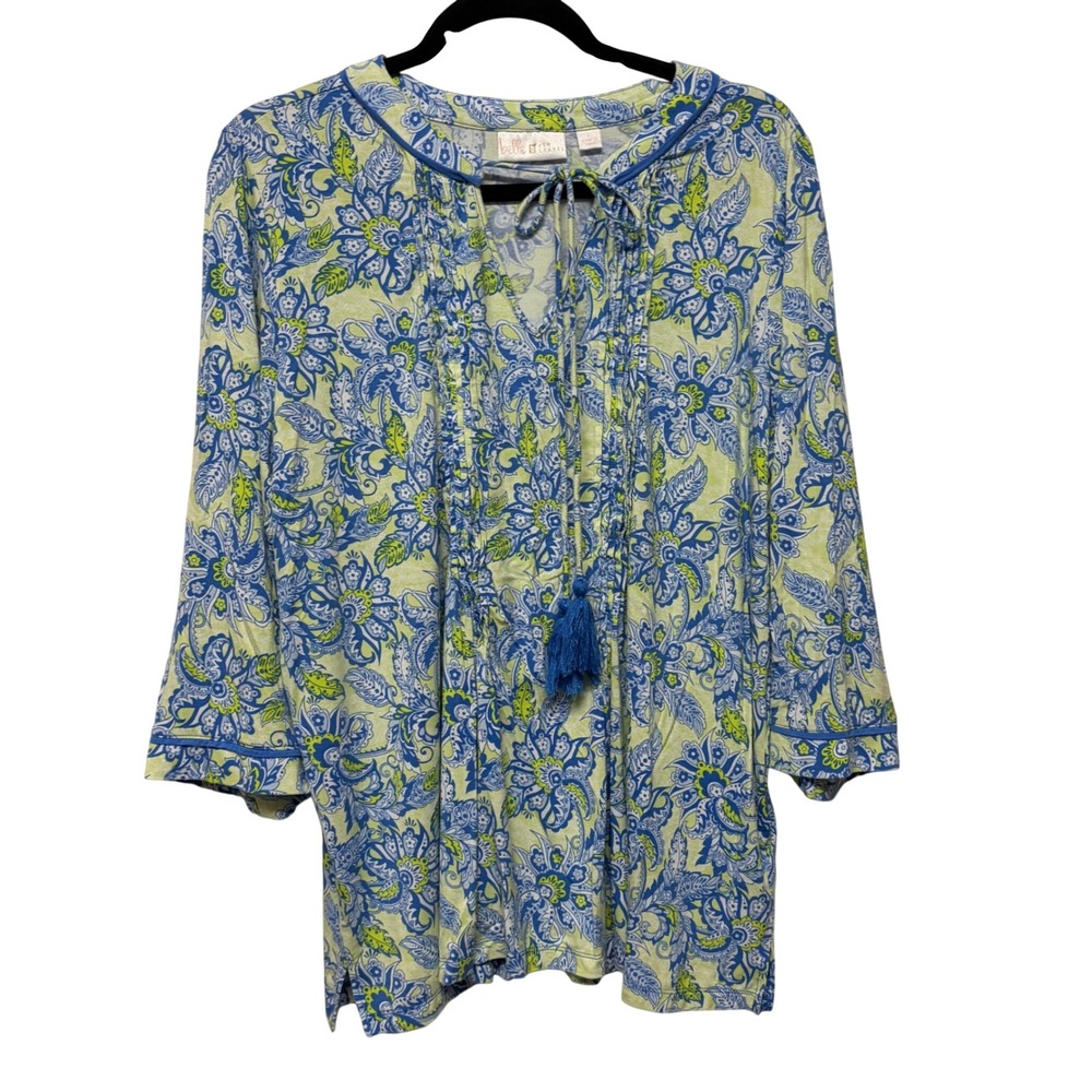 Belle by Kim Gravel Top Womens Large Blue Green Floral Paisley Pintuck Tassel L